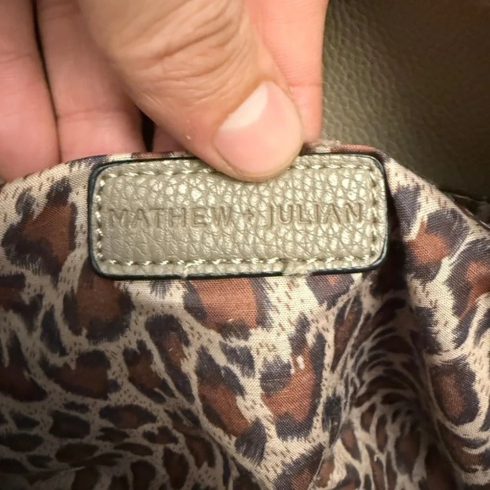 Mathew + Julian Pebble‎ Faux Leather Taupe Leopard Lining Tote Bag Large